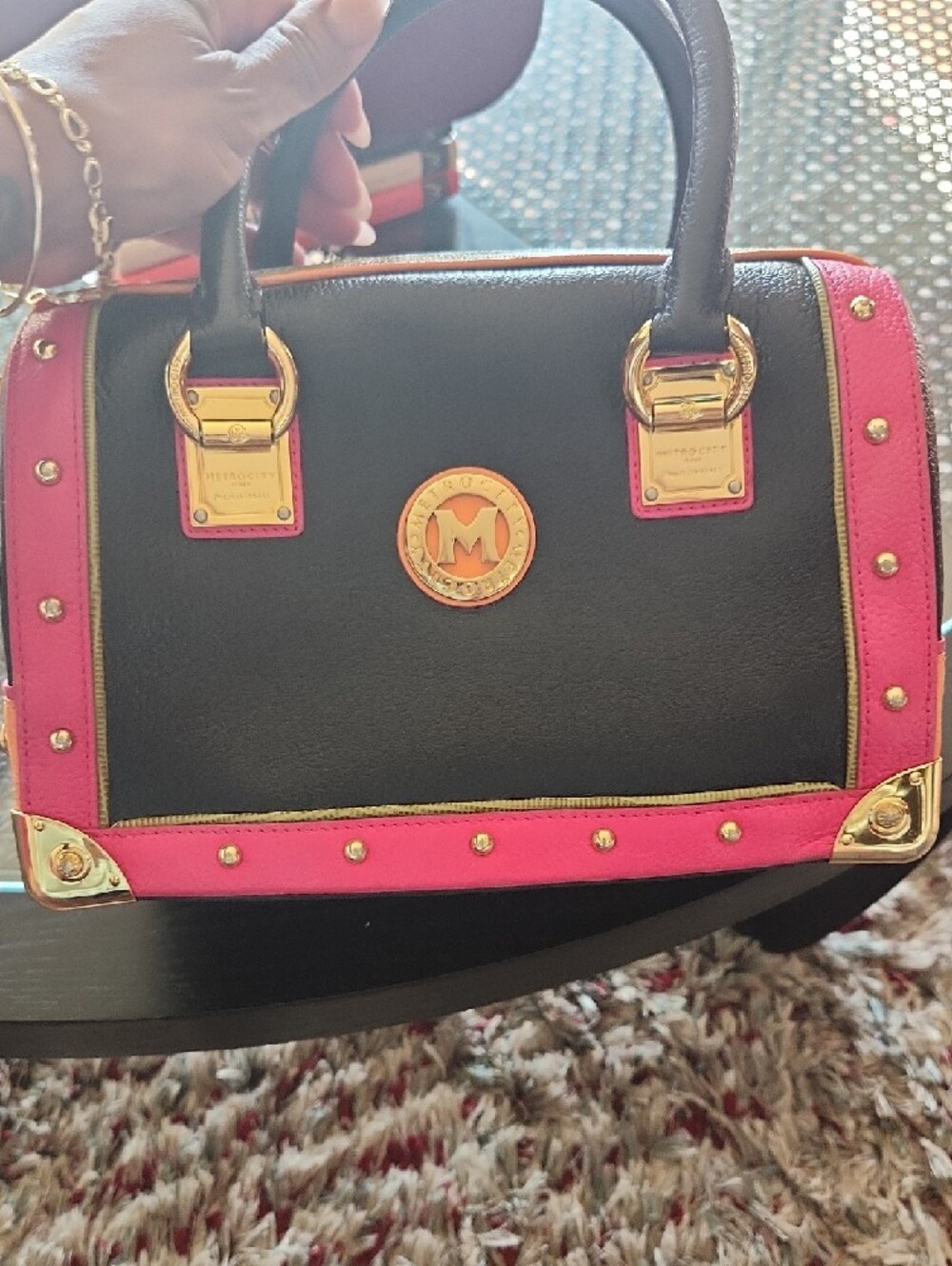 Limited Edition Metro City Black & Pink Mixed Leathers Structure Boston Handbag - Picture 9 of 14
